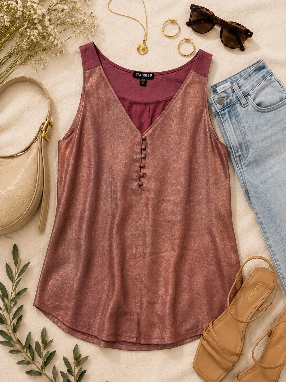 Express Rose Gold Metallic Tank Top | Size Small | Shimmer Blouse